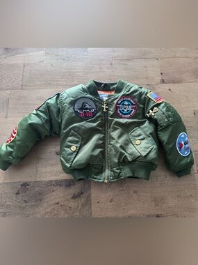 Up and away Kids Olive Green MA-1 Flight Jacket With Seven Patches bomber sz 2T